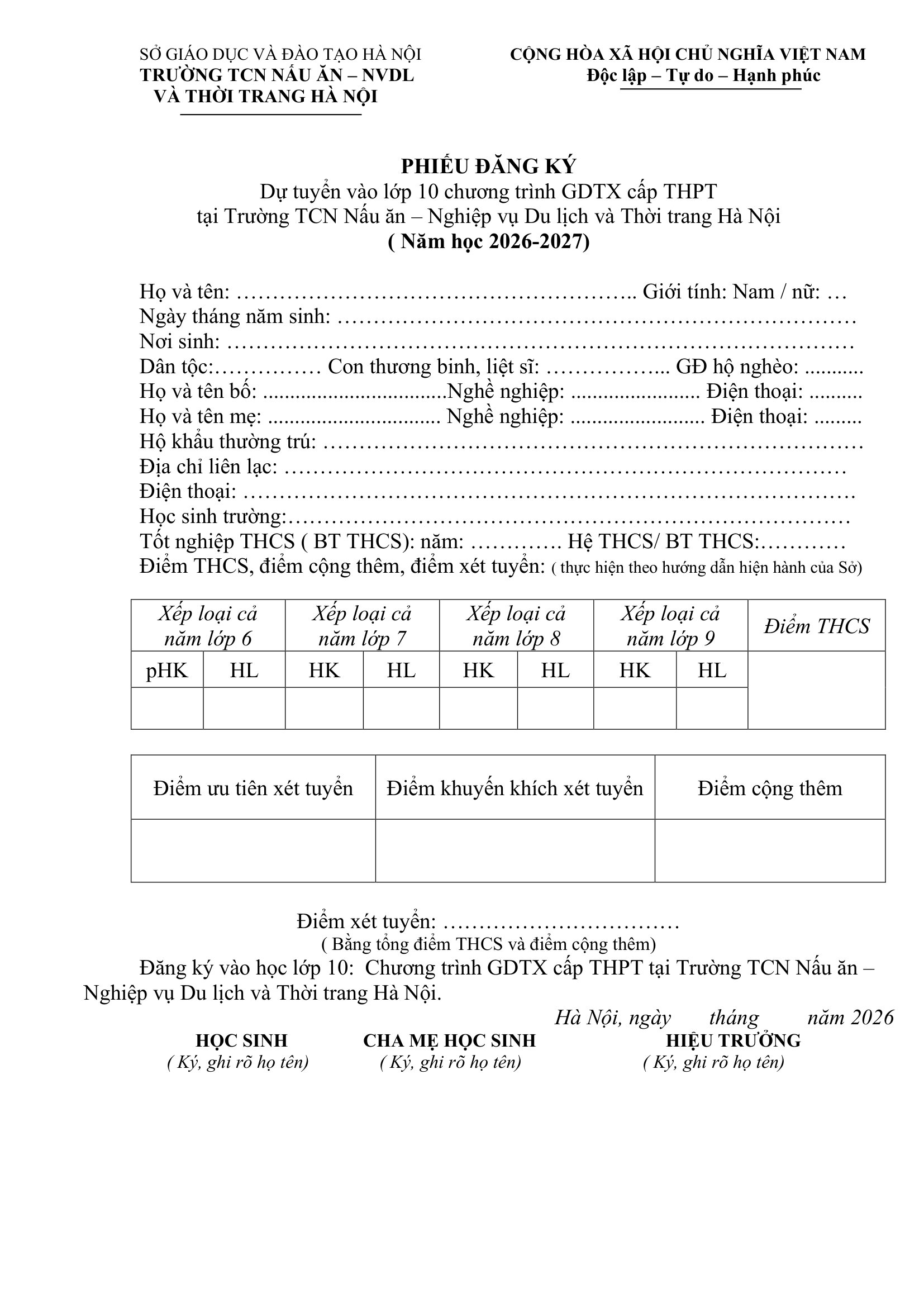 Mẫu phiếu đăng ký tuyển sinh vào lớp 10